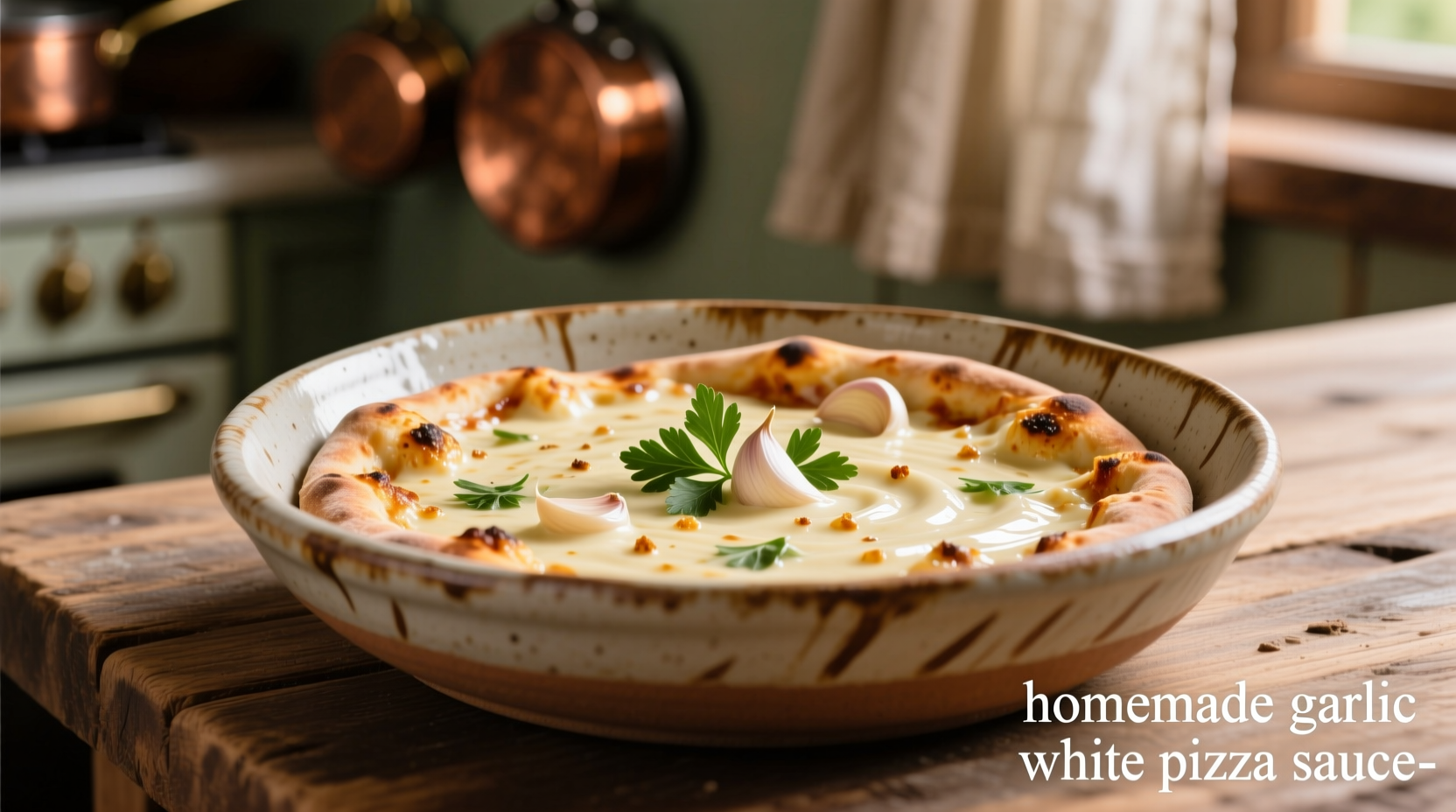 Homemade garlic white pizza sauce in ceramic bowl