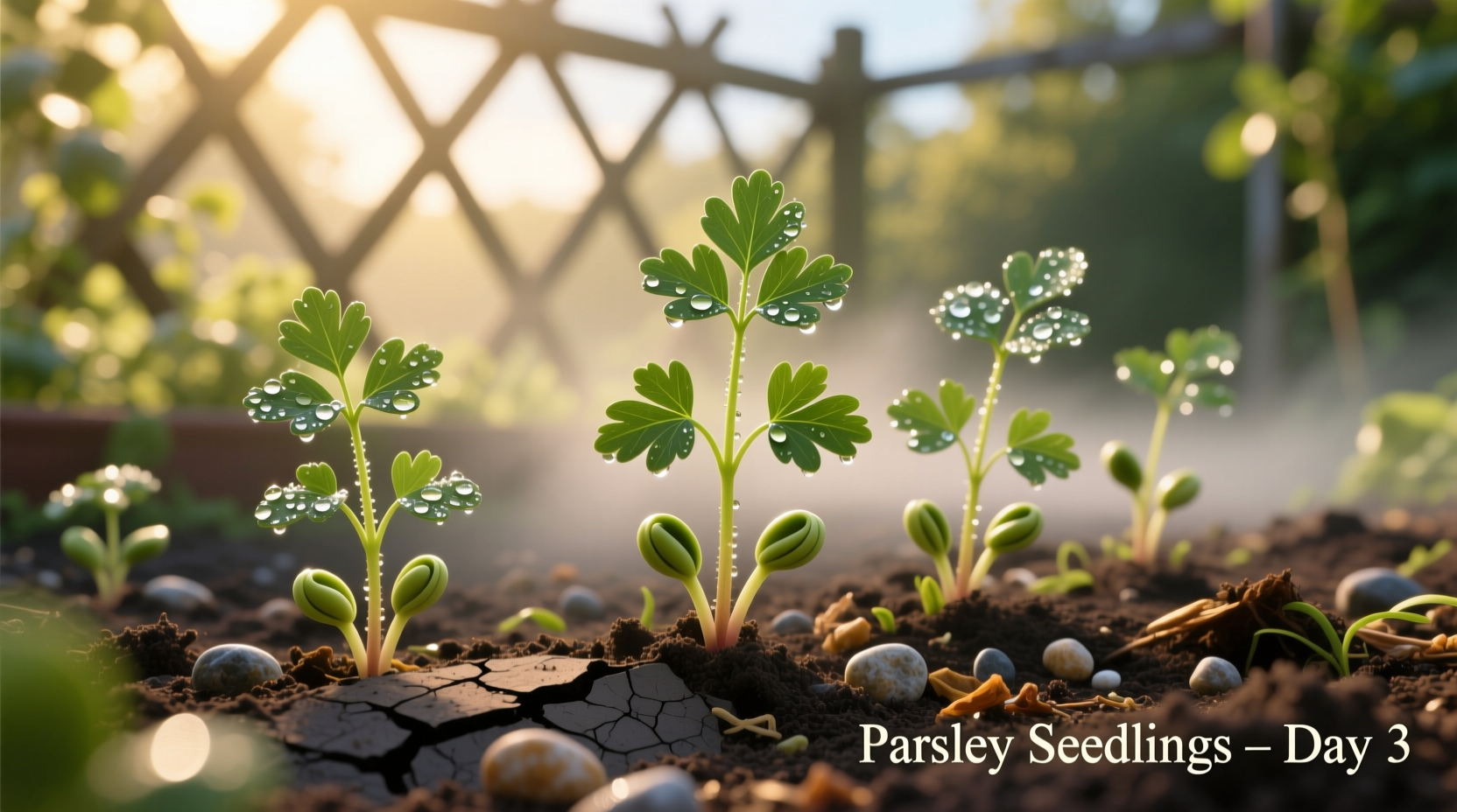 Parsley seedlings in garden bed with morning dew
