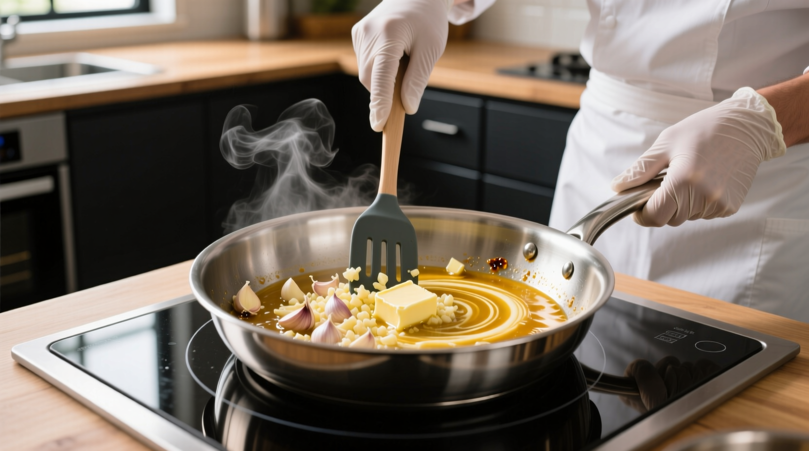 Chef preparing fresh garlic butter in stainless steel pan