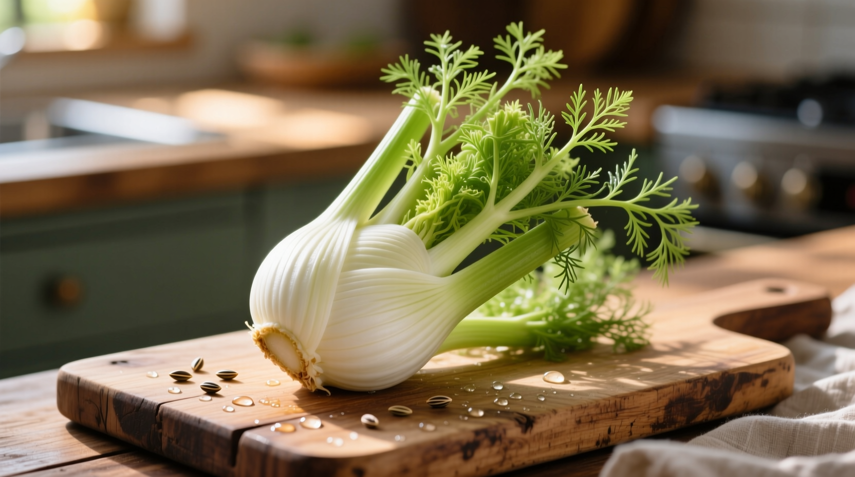 Fresh fennel bulb with feathery fronds on wooden cutting board