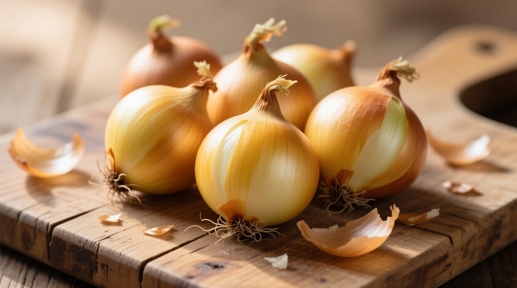 Fresh yellow onions on wooden cutting board