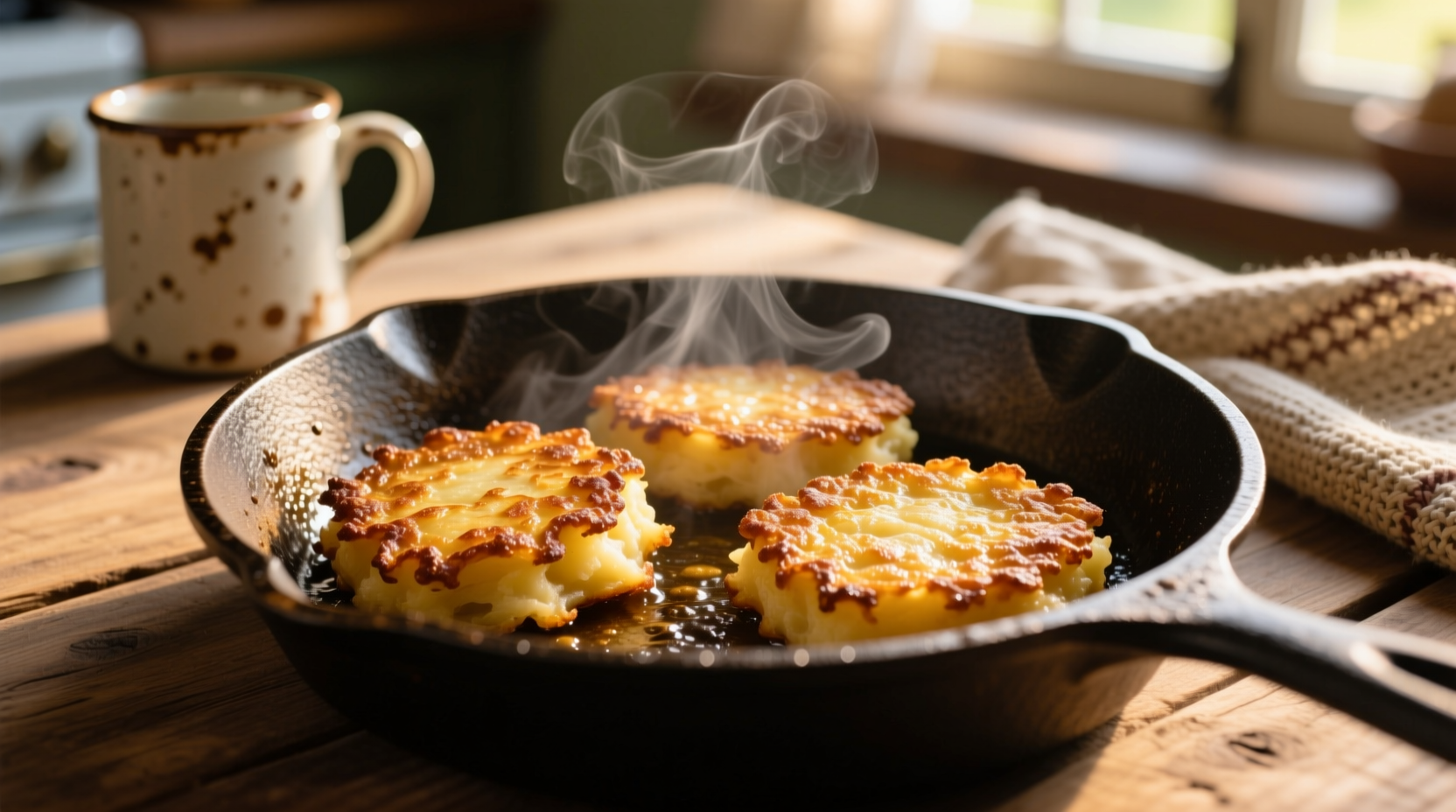 Golden brown potato cakes on cast iron skillet