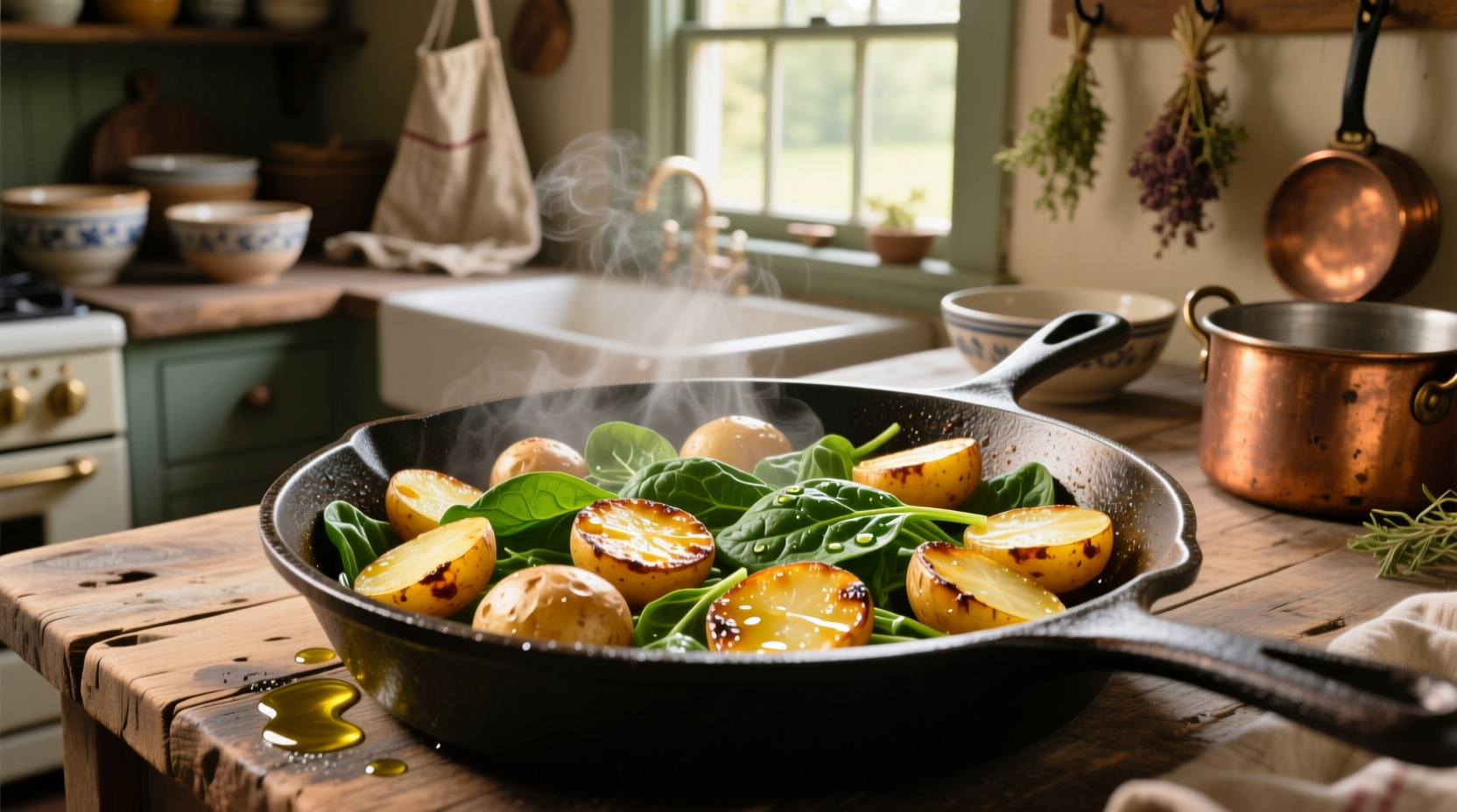 Golden potatoes and fresh spinach in cast iron skillet