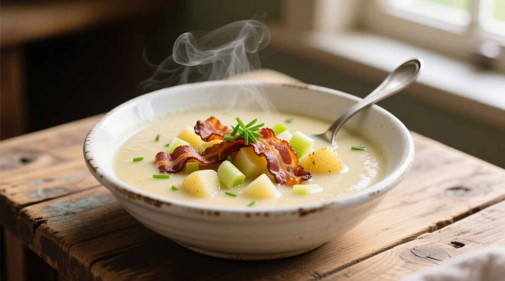 Creamy bacon leek potato soup in white bowl
