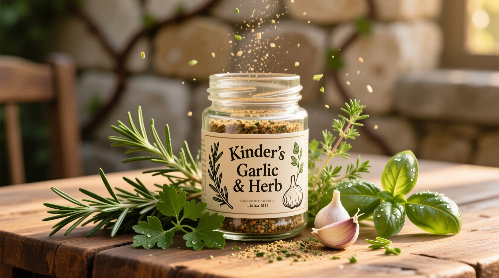 Kinder's Garlic and Herb seasoning blend in glass jar with fresh herbs