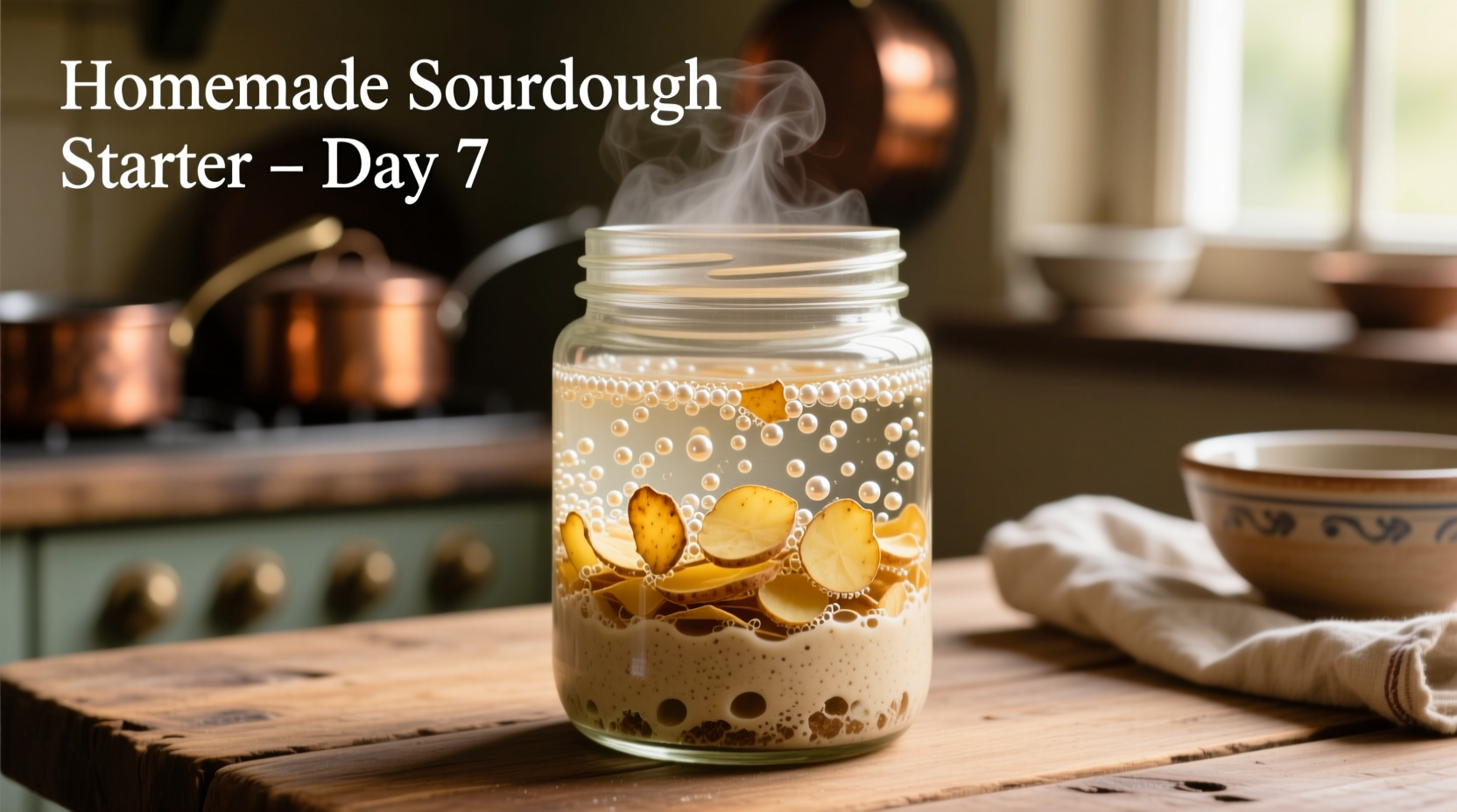 Sourdough starter bubbling in glass jar with potato flakes