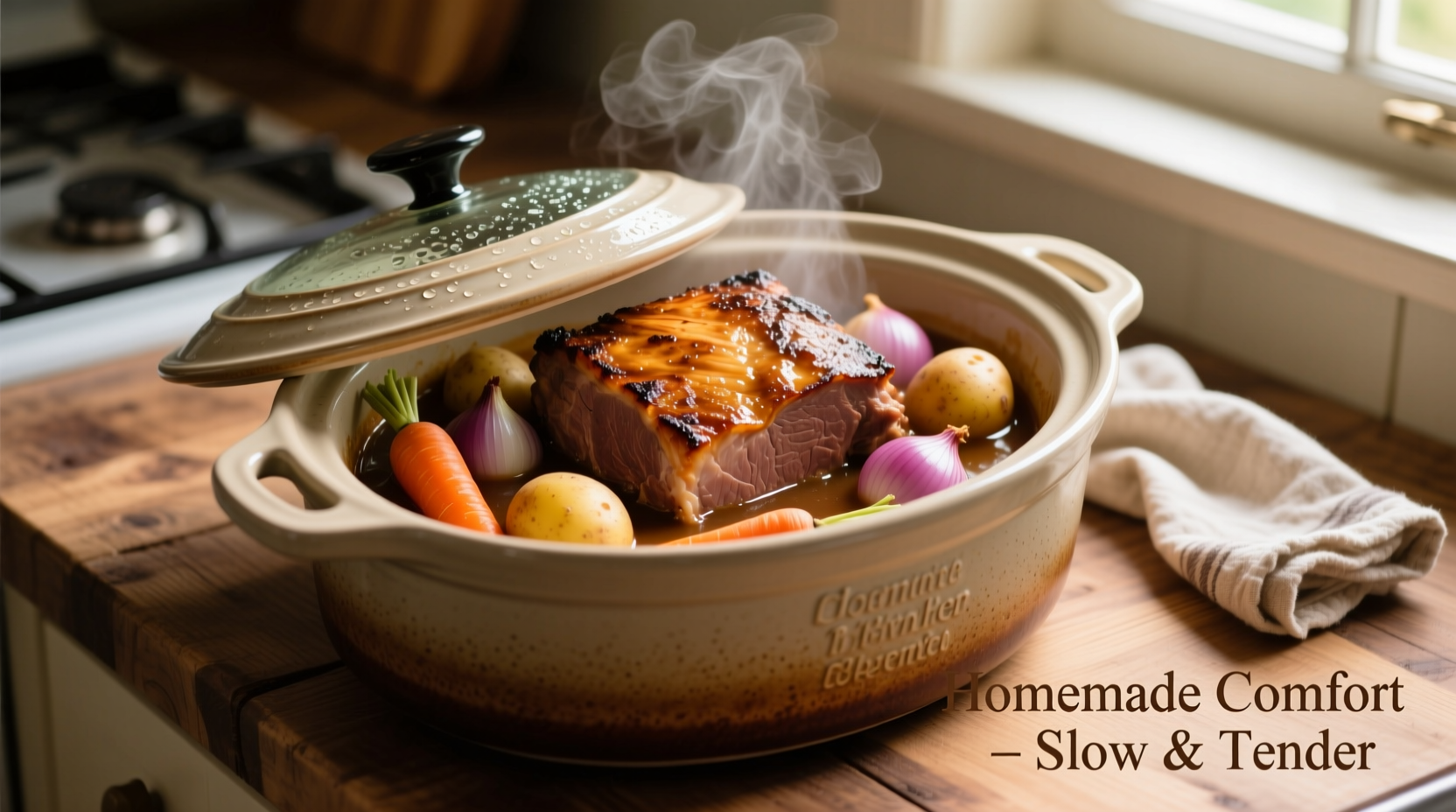 Tender pot roast with vegetables in slow cooker