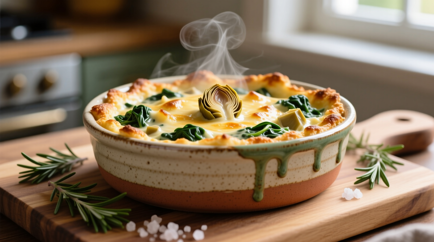 Golden baked spinach artichoke dip in ceramic dish