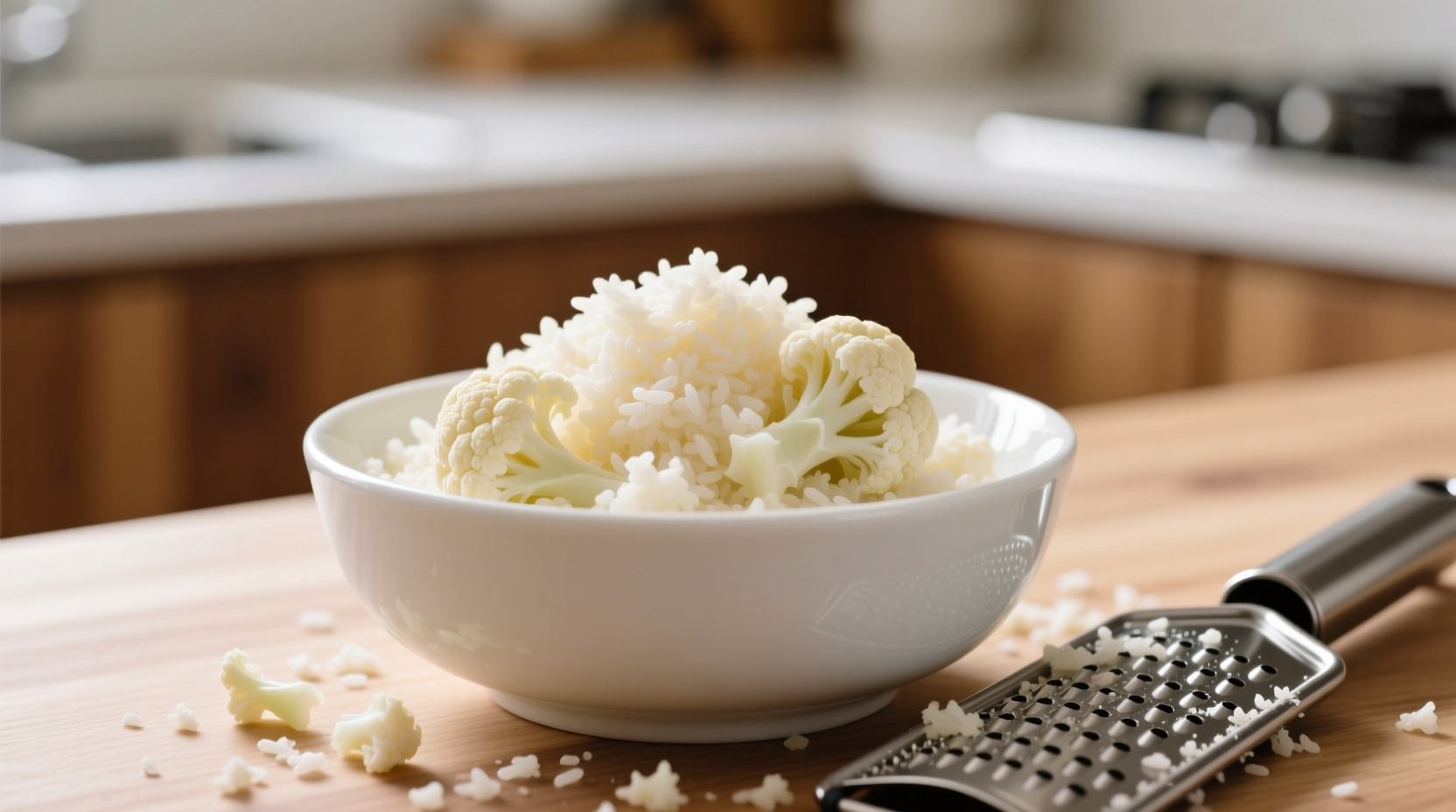 Fresh riced cauliflower in white bowl with grater