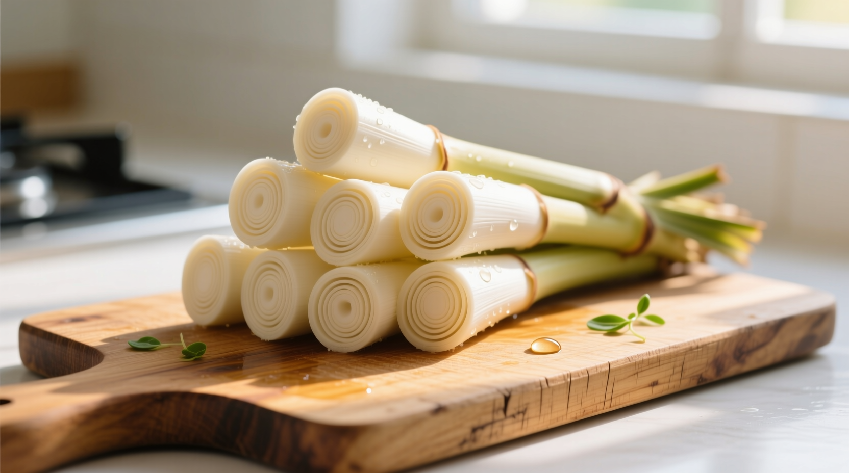 Fresh hearts of palm on wooden cutting board