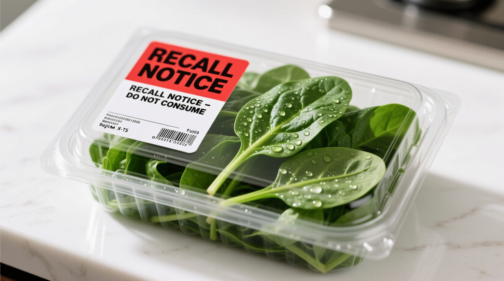 Fresh spinach package with recall notice sticker