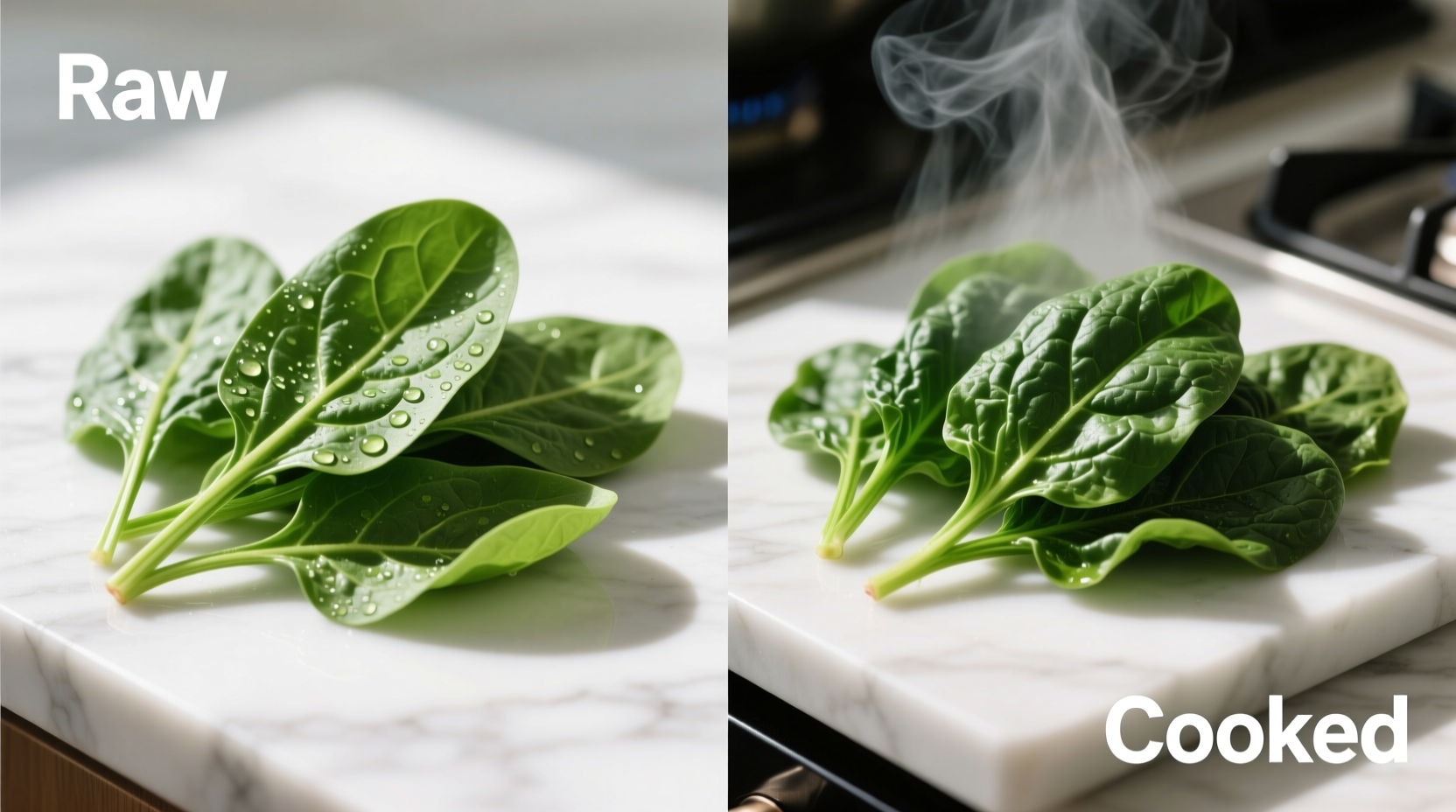 Fresh spinach leaves in raw and cooked comparison