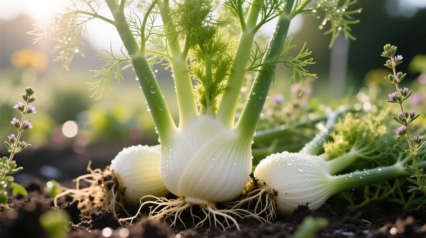 Close-up of freshly harvested fennel bulbs with feathery fronds