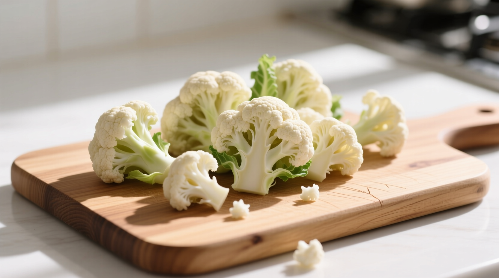 Cauliflower florets on cutting board