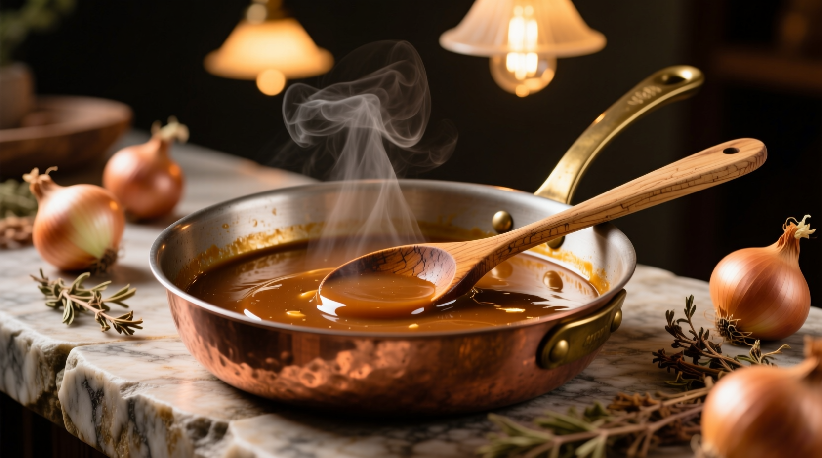 Golden brown onion gravy in copper pan with wooden spoon