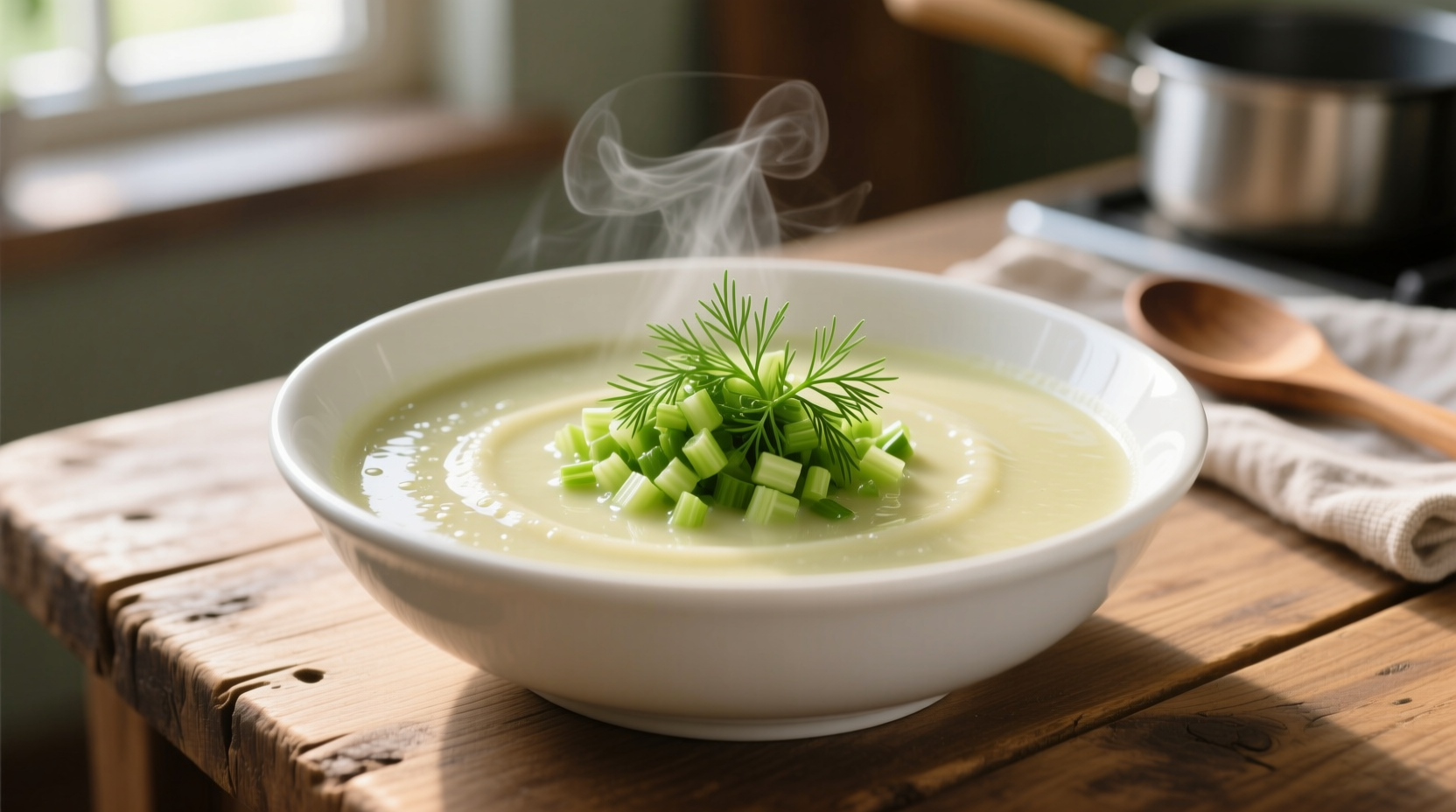 Creamy celery soup in white bowl with fresh dill garnish