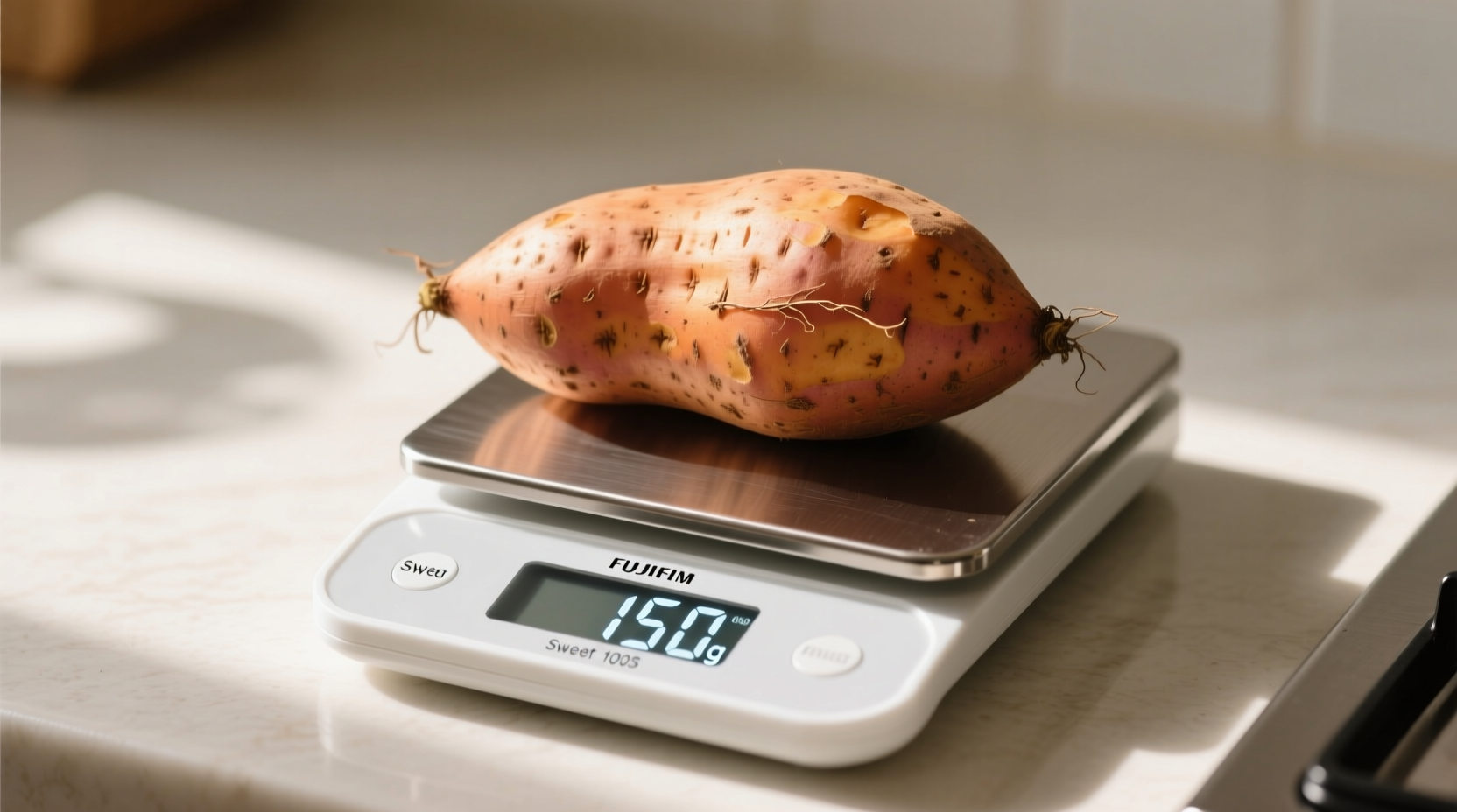 Medium sweet potato on kitchen scale showing 150g weight