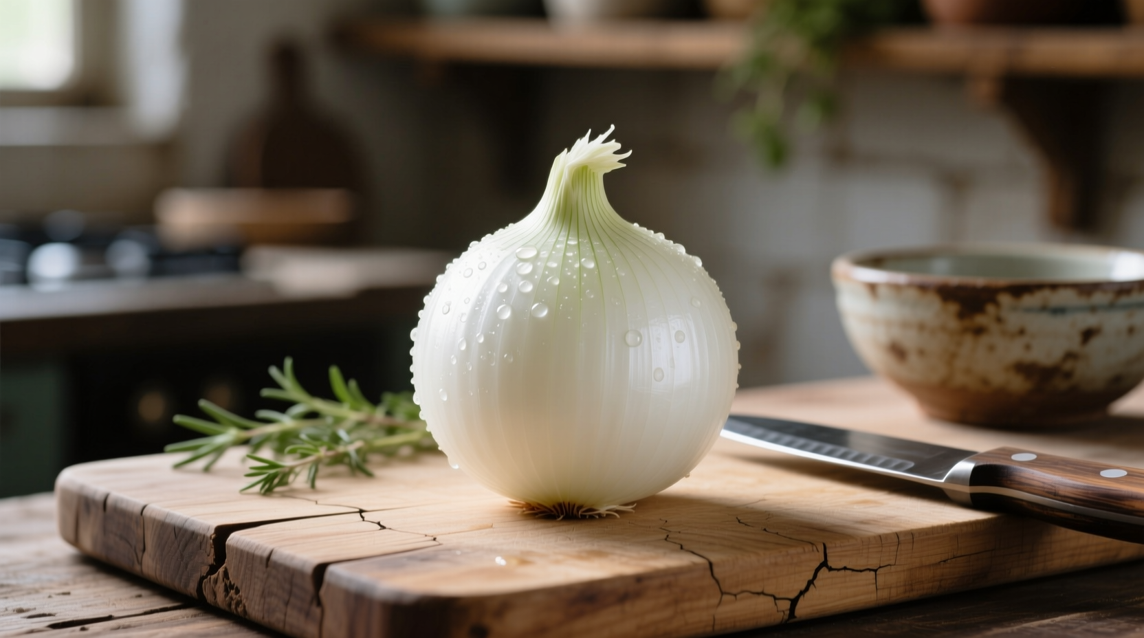 Fresh white onions on wooden cutting board