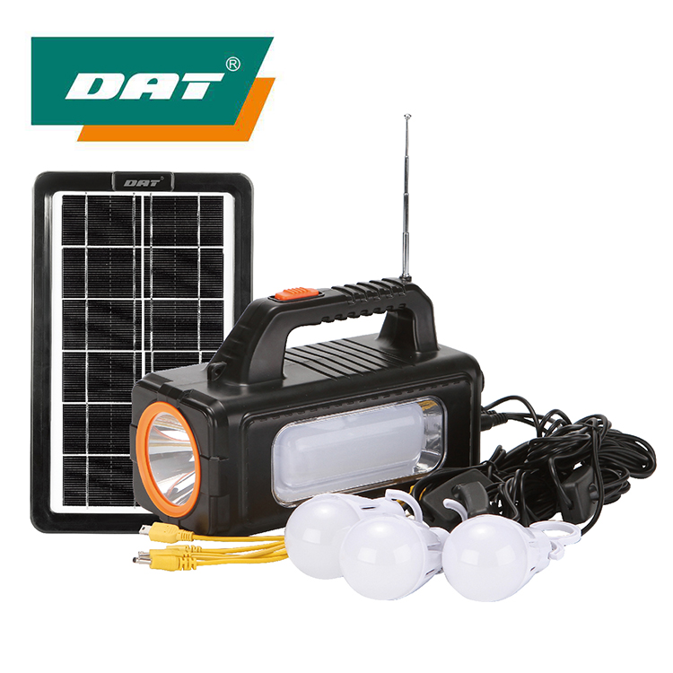 DAT brand Portable solar lighting system kit complete with 3 lamp and USB MP3 and radio solar energy light