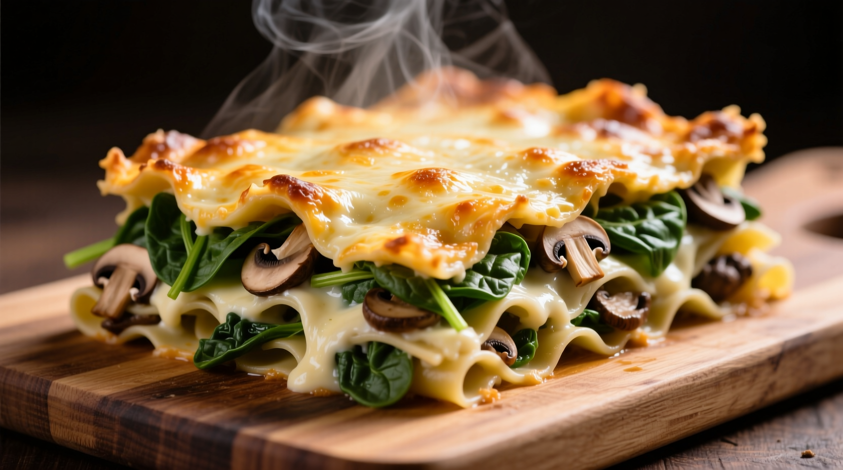 Spinach mushroom lasagna with golden cheese crust