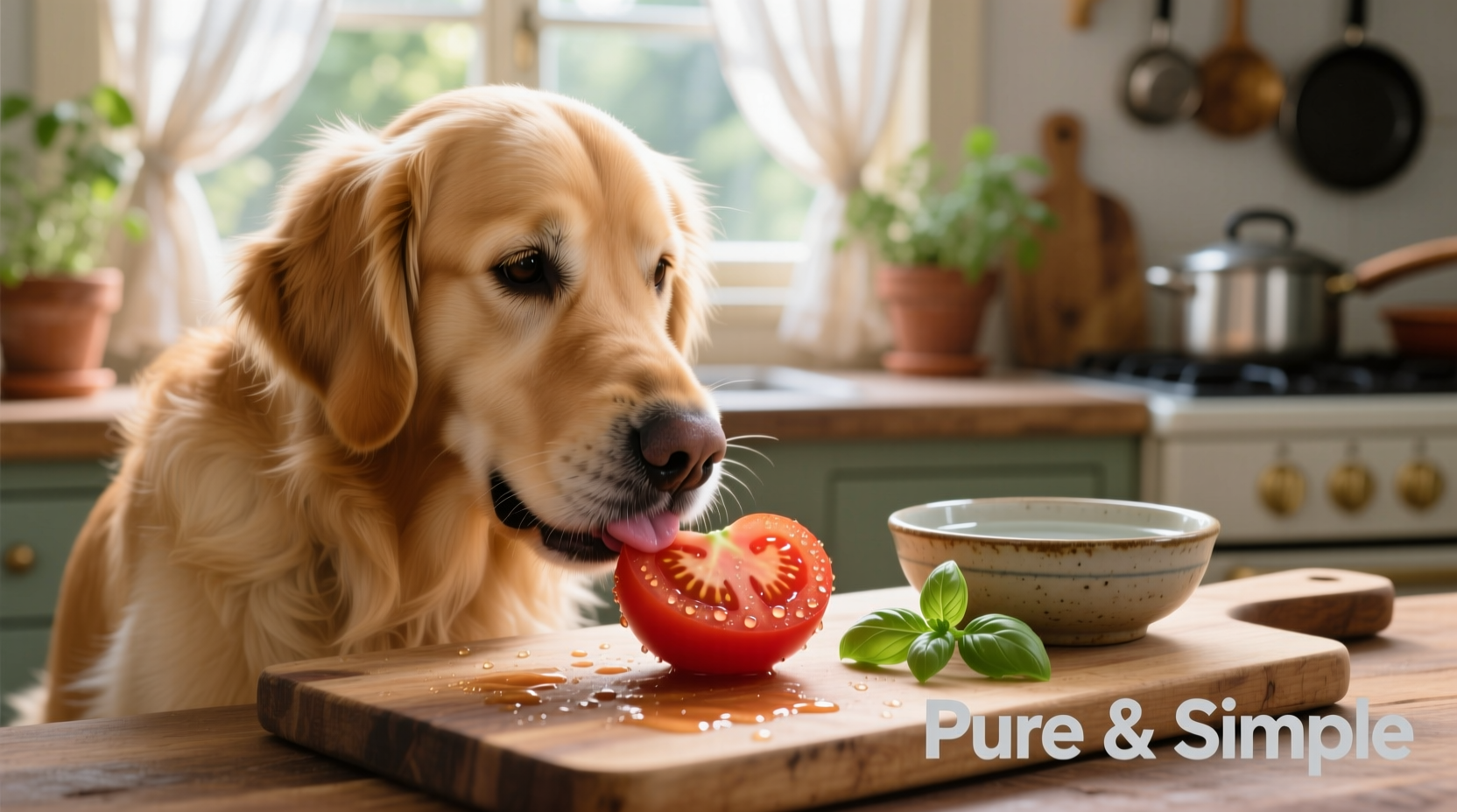 Golden retriever carefully eating a small slice of ripe tomato