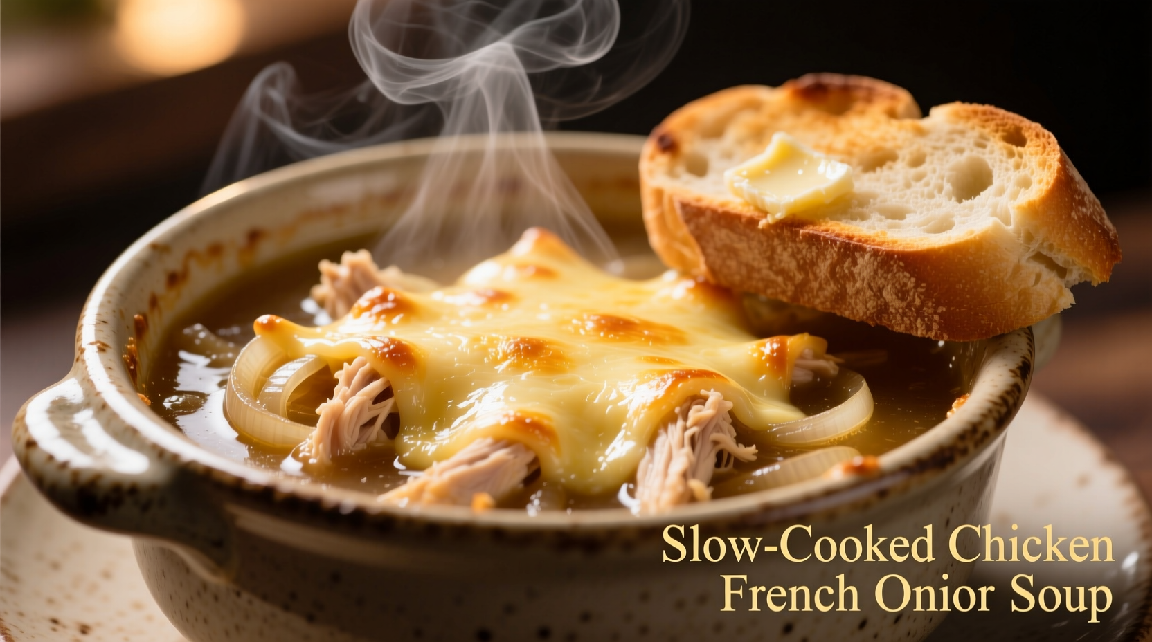 Slow cooker chicken French onion soup with melted cheese