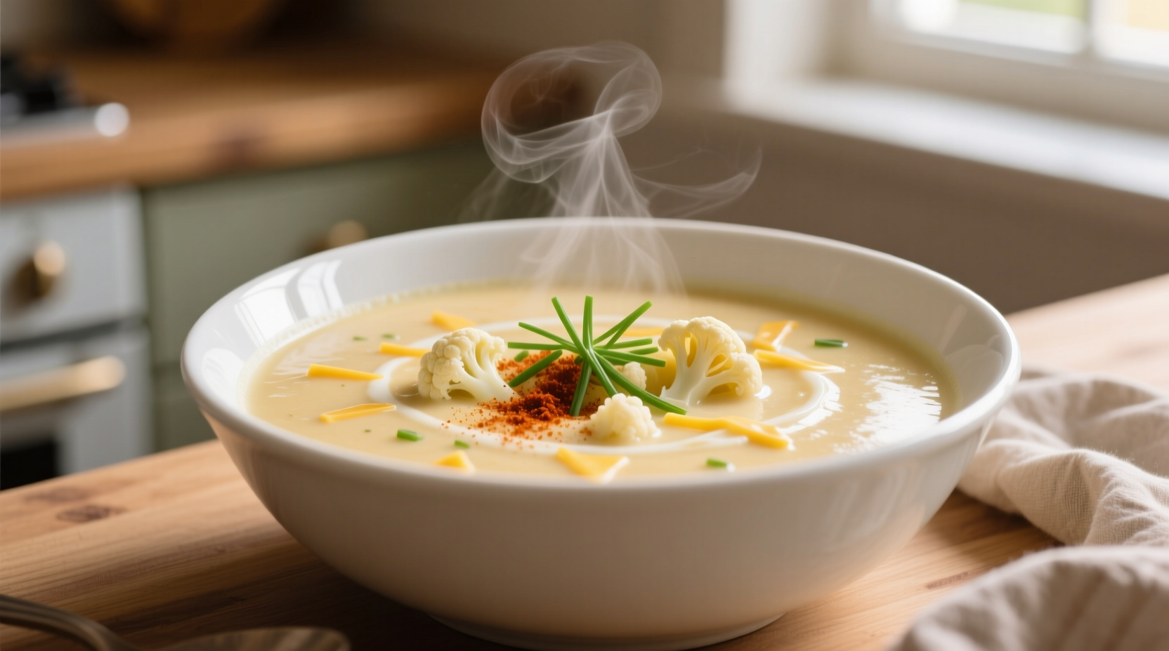 Creamy cauliflower cheddar soup in white bowl
