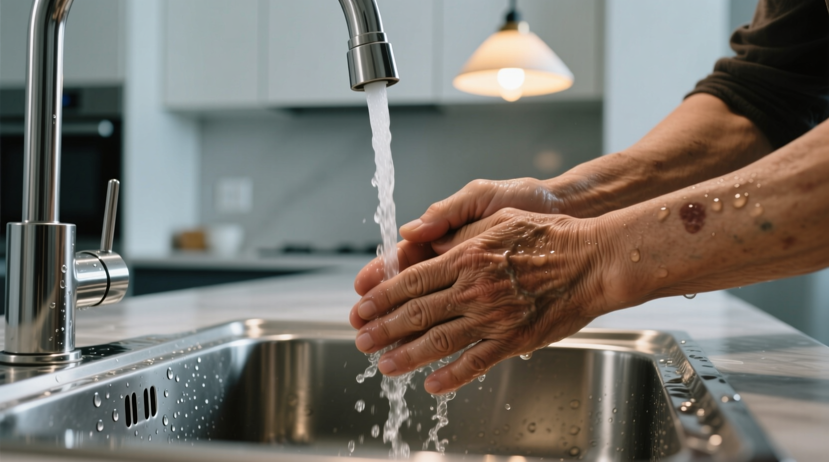 Hands rubbing stainless steel under running water