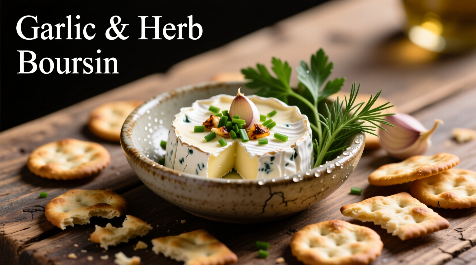 Boursin garlic cheese spread with crackers and fresh herbs