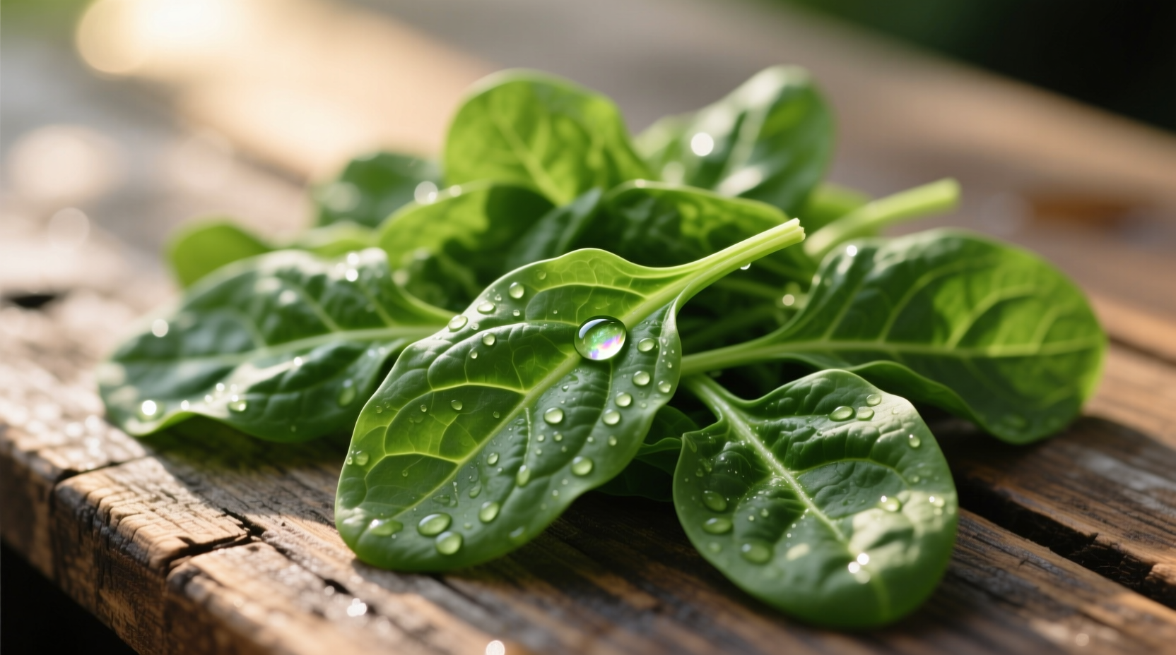 Fresh spinach leaves on wooden table showing vibrant green color