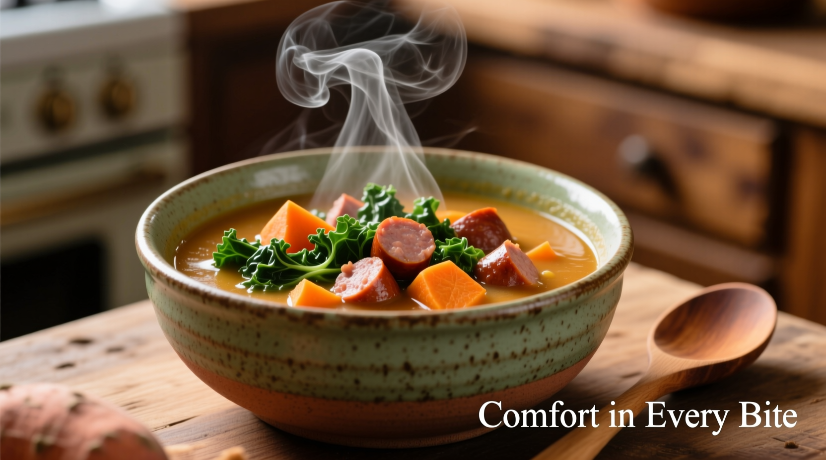 Steaming bowl of kale sweet potato soup