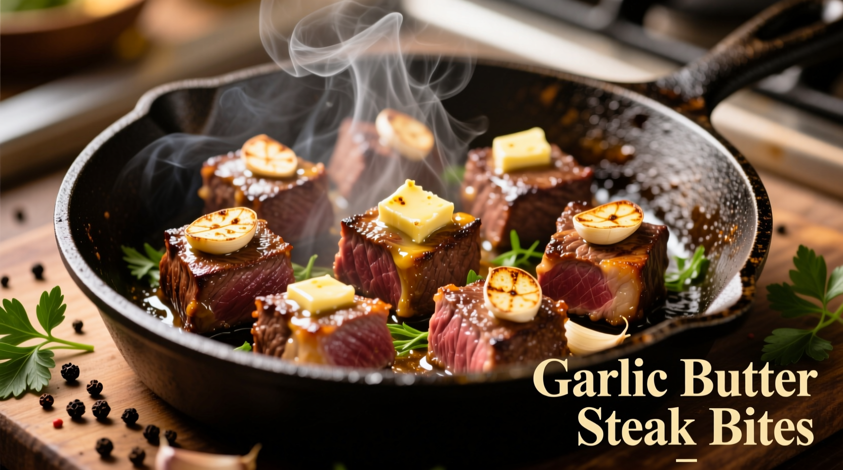 Sizzling butter garlic steak bites in cast iron skillet