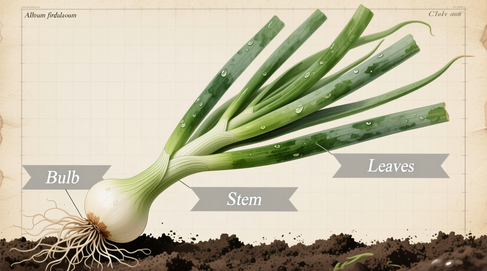 Fresh green onions with labeled edible parts