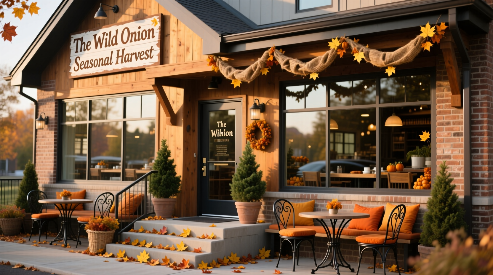 The Wild Onion restaurant exterior with seasonal decor