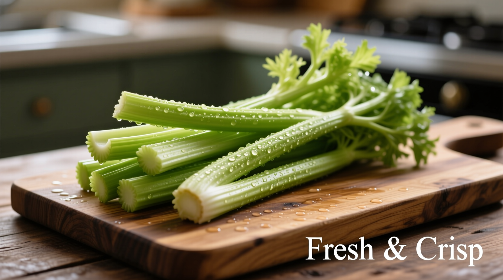 Fresh celery stalks arranged on cutting board