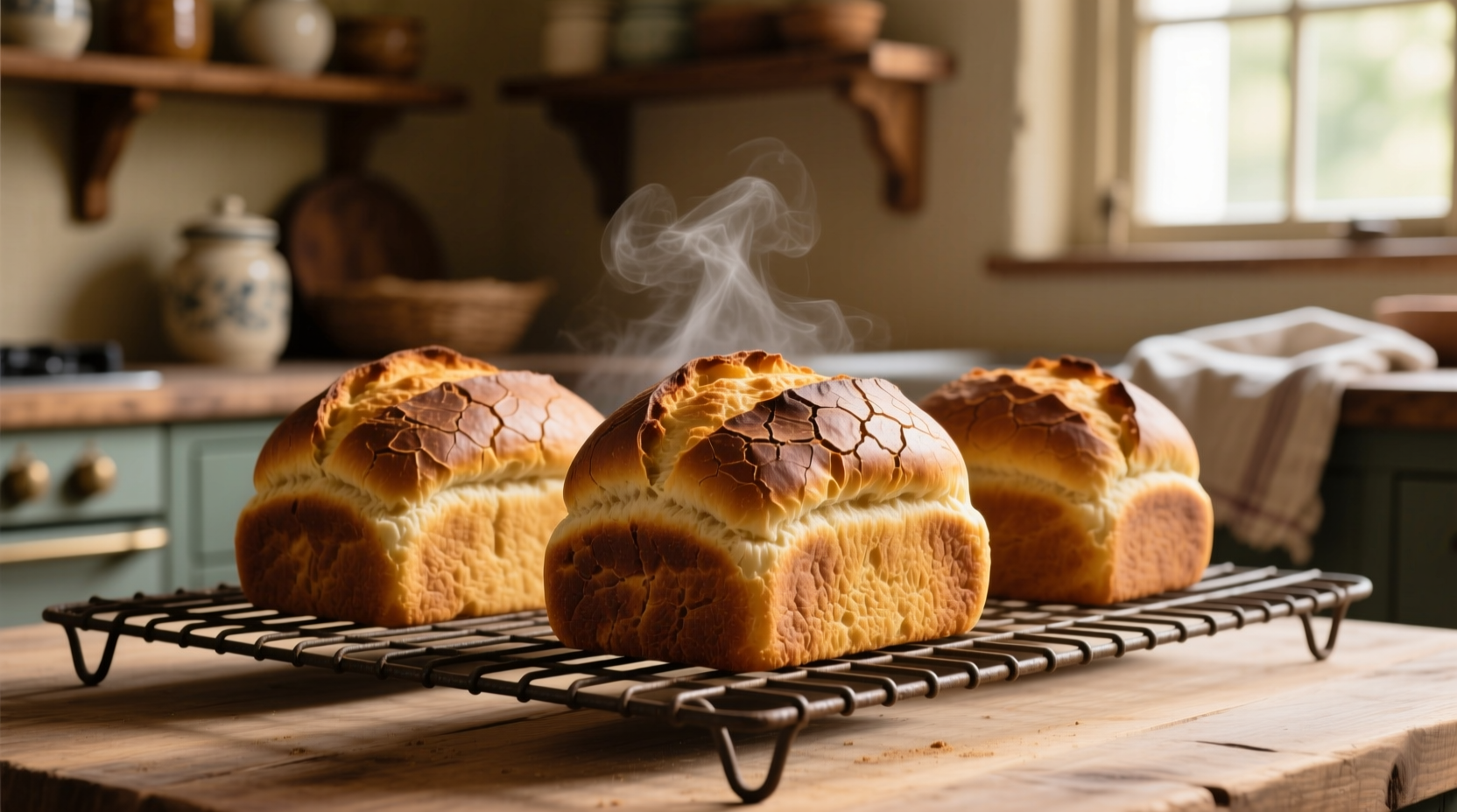 Golden brown potato bread loaves cooling on wire rack
