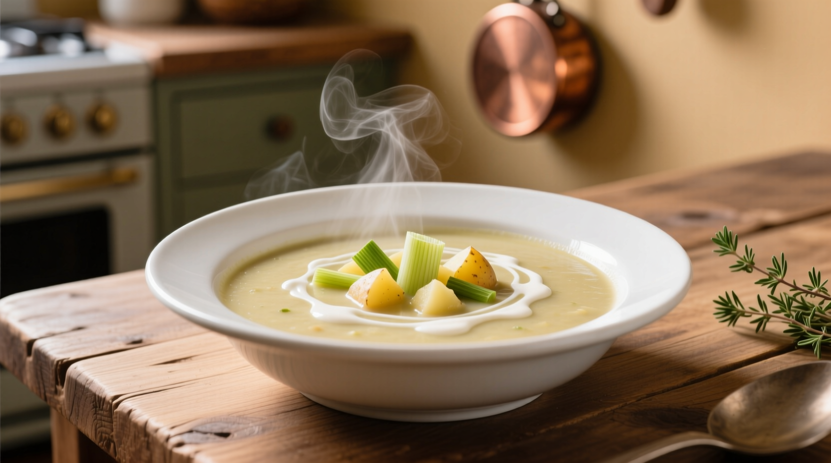 Creamy vegetarian leek potato soup in white bowl