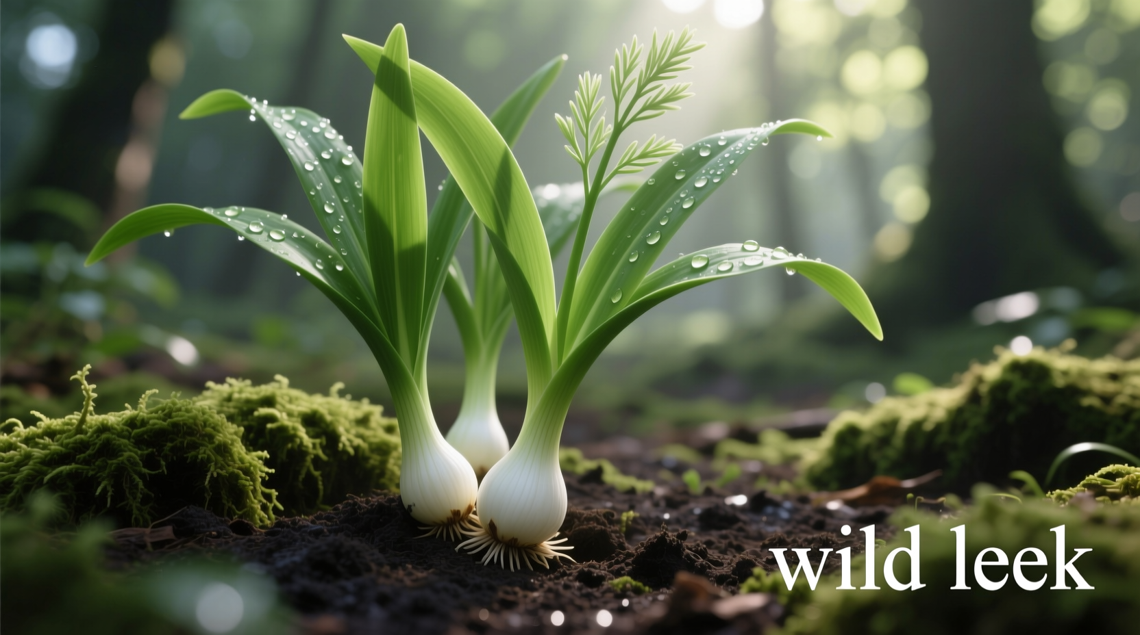 Fresh wild leek plants with leaves and bulbs