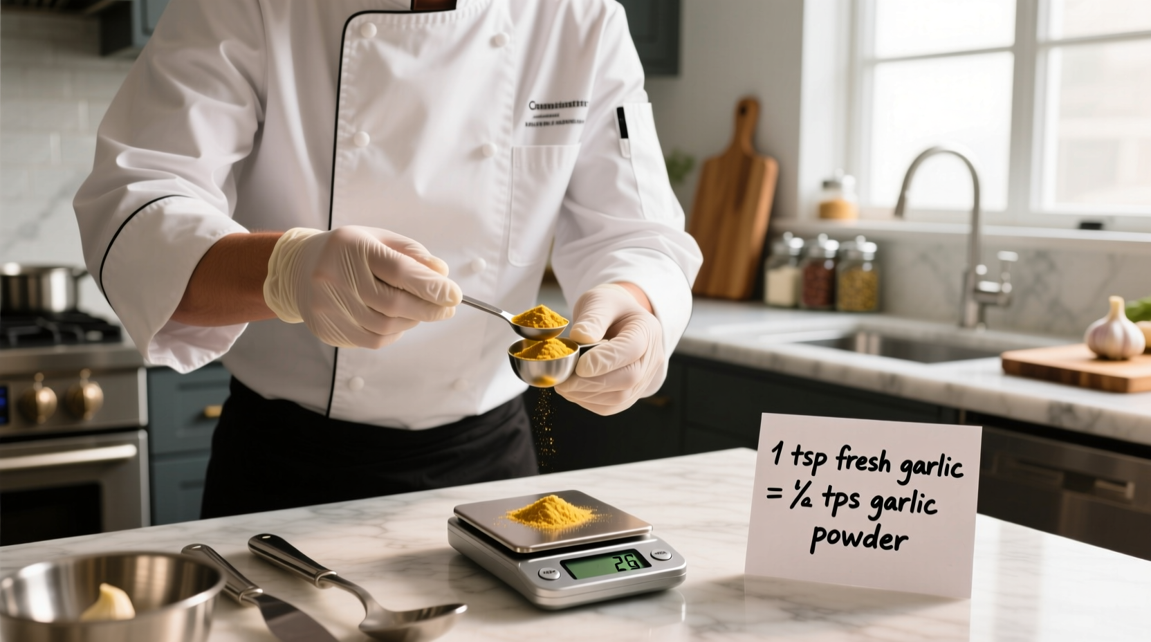 Chef measuring garlic powder substitution ratios
