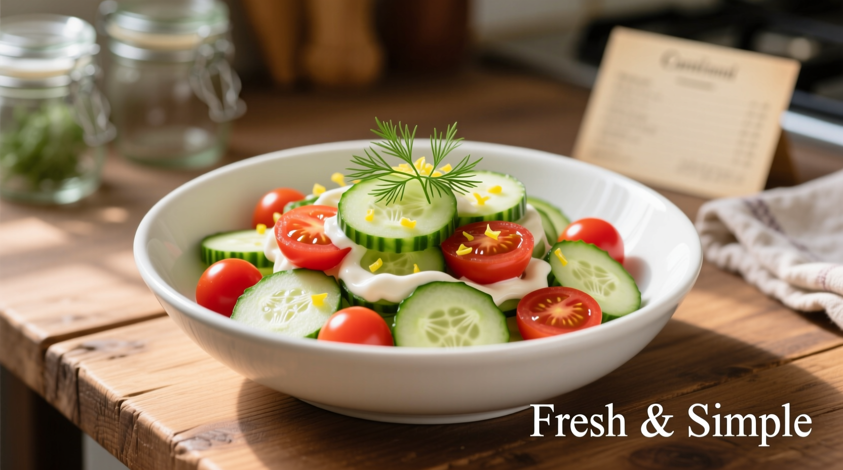 Fresh creamy cucumber and tomato salad in white bowl