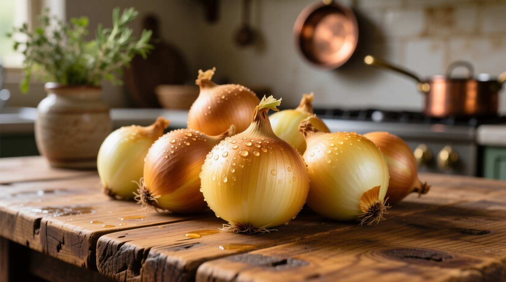 Close-up of fresh yellow onions on wooden table