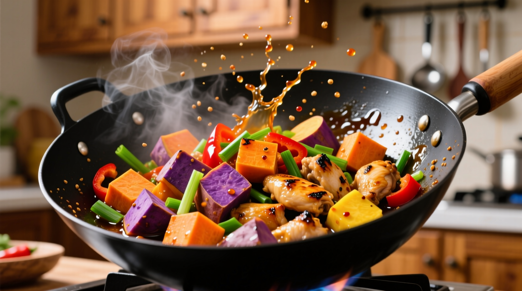 Colorful sweet potato and chicken stir-fry in wok
