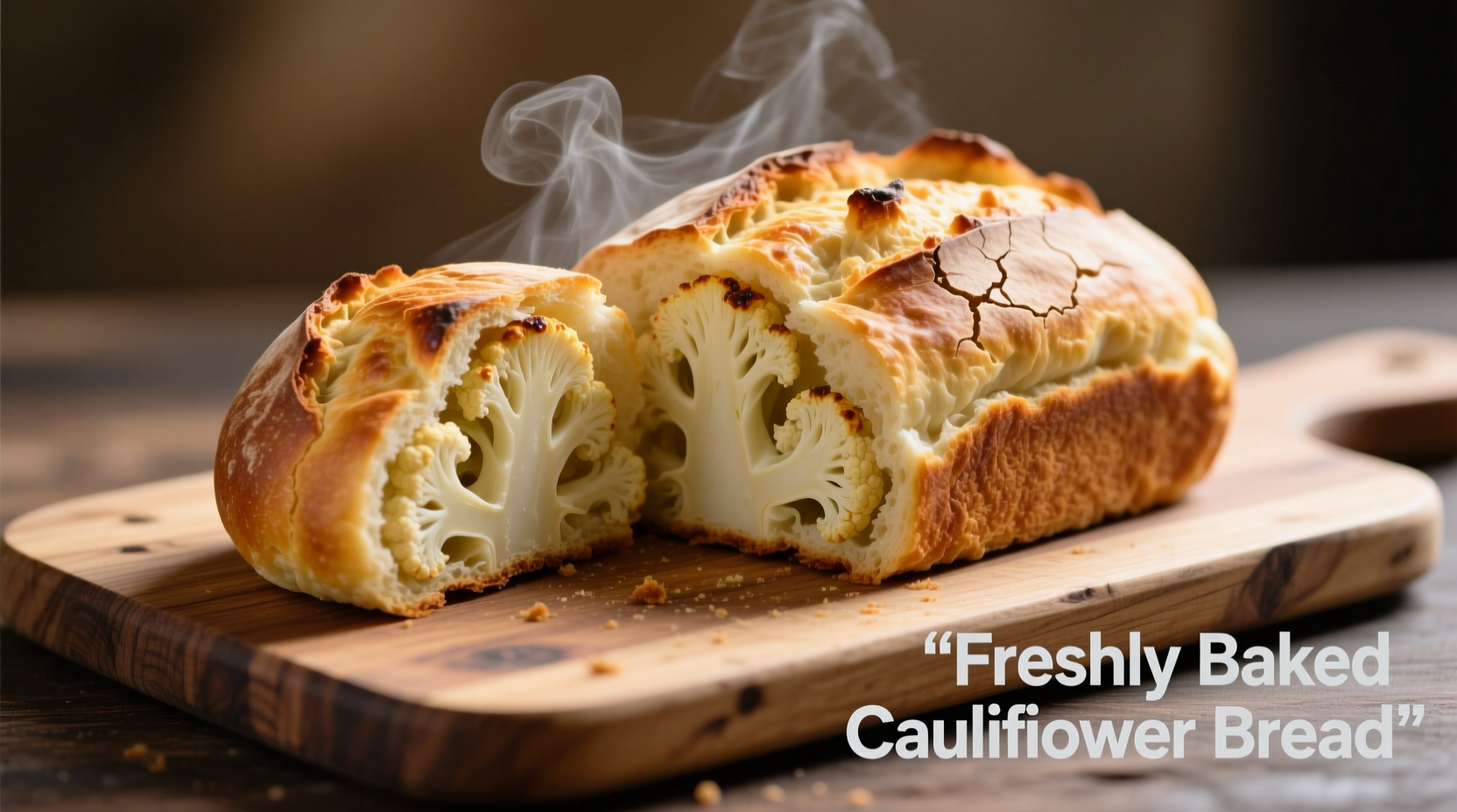 Freshly baked cauliflower bread on wooden cutting board