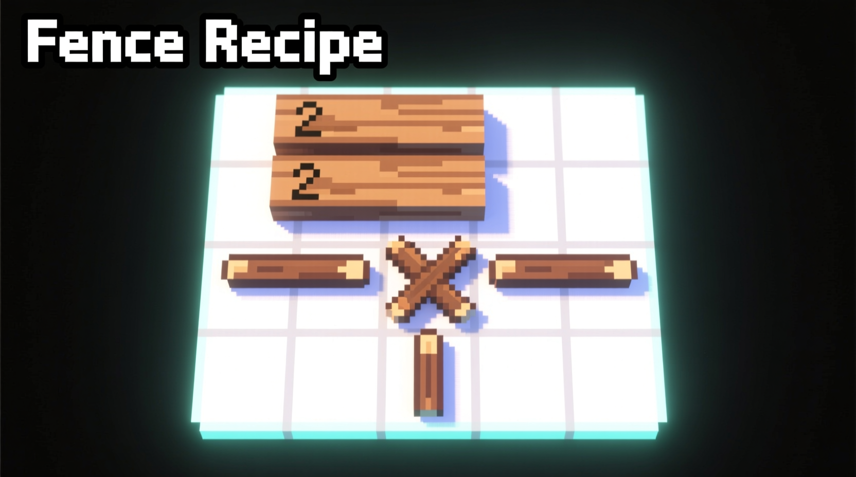 Minecraft crafting grid showing fence recipe with wood planks and sticks