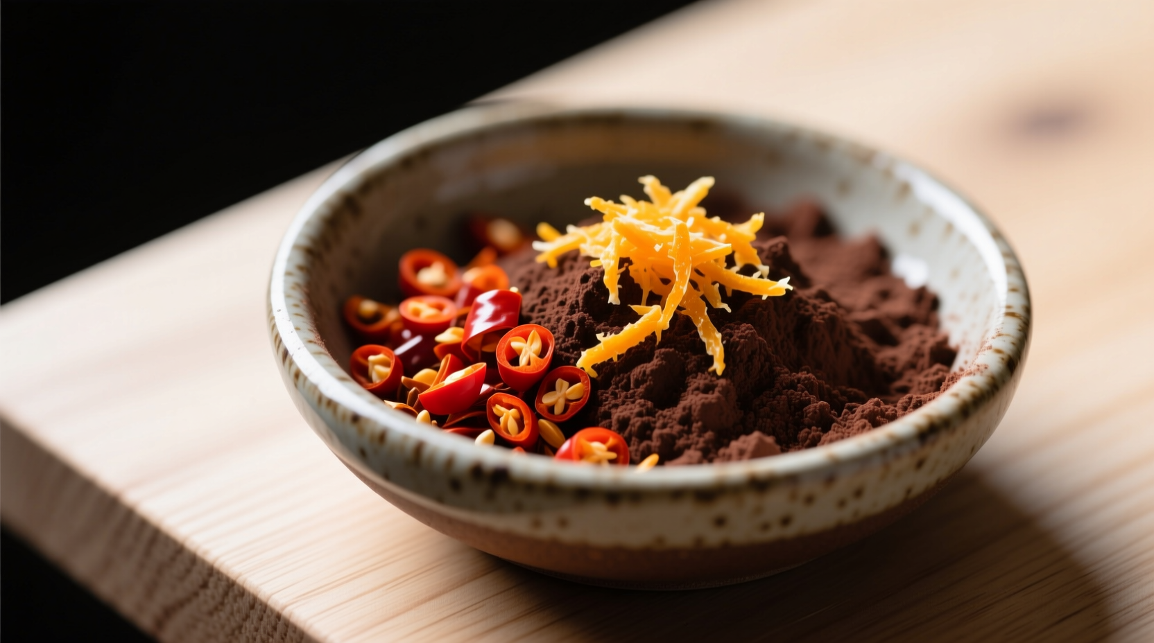 Cayenne pepper flakes mixed with cocoa powder and orange zest in a small bowl, demonstrating innovative pairing for chocolate dishes