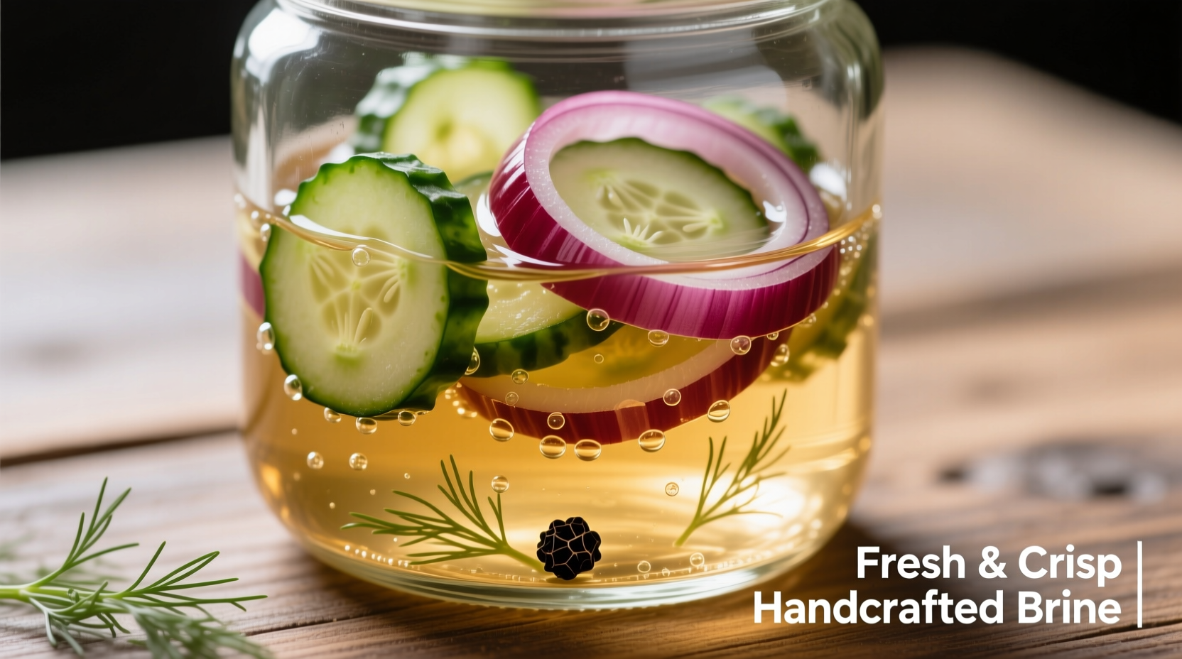 Crisp cucumber and red onion slices in clear vinegar brine