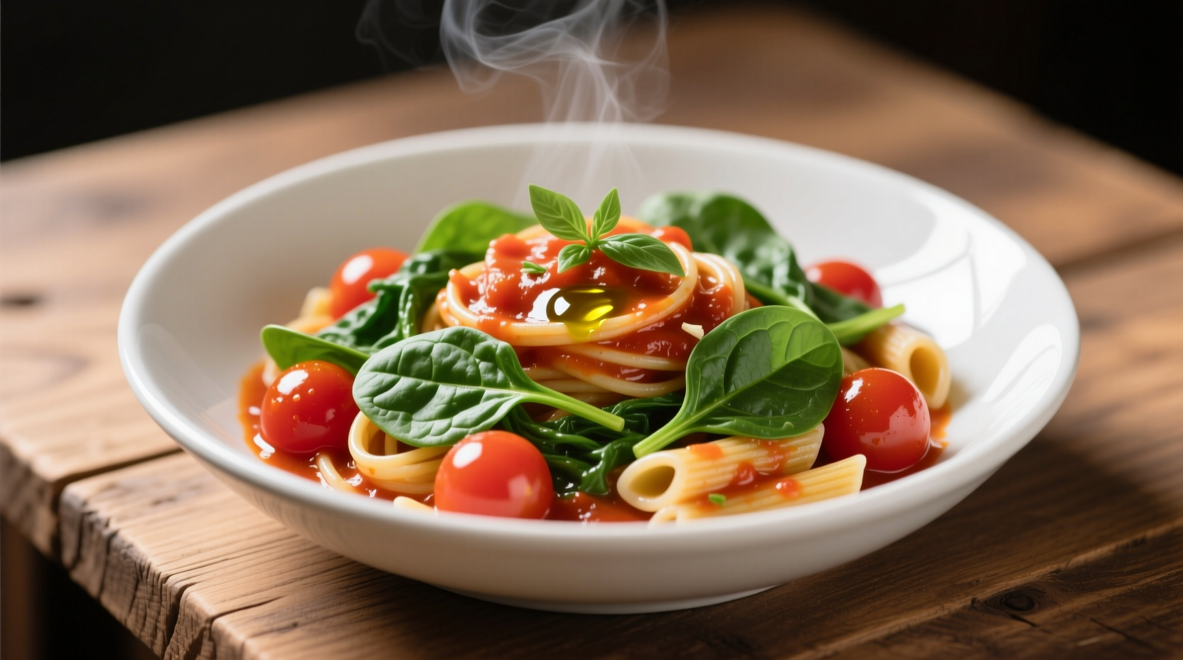 Fresh spinach tomato pasta in white bowl