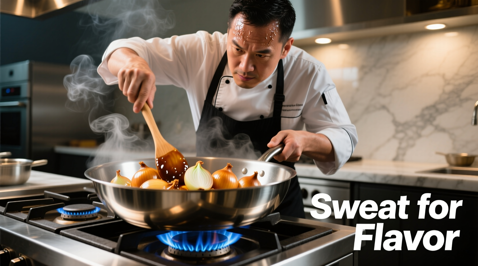 Chef sweating onions in stainless steel pan