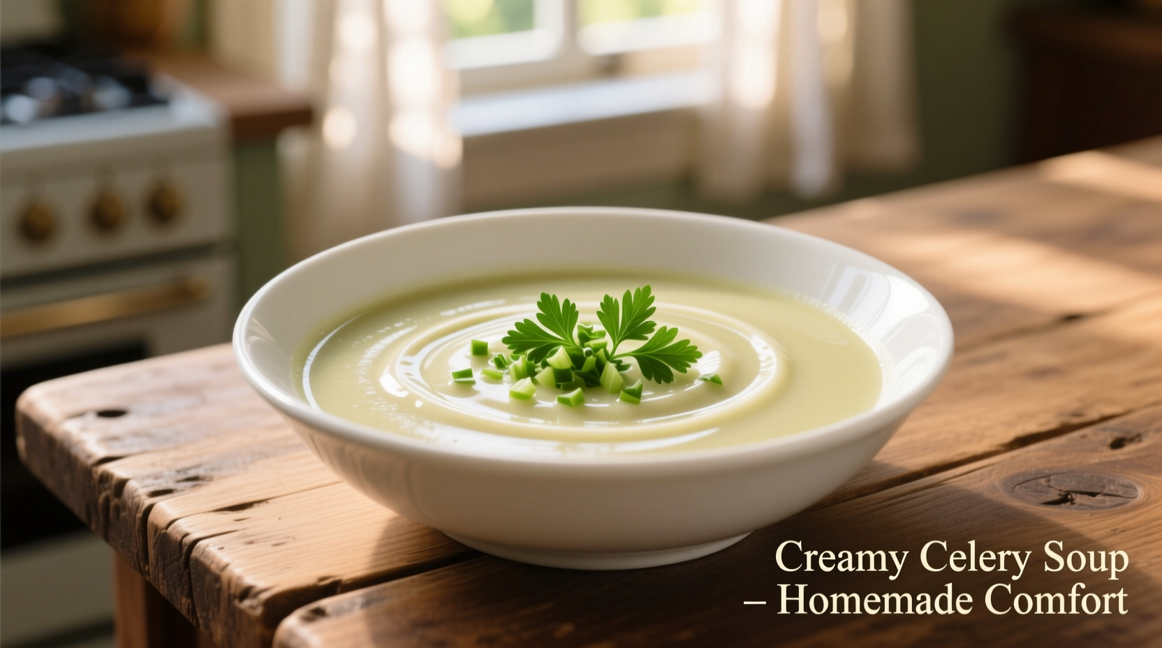 Creamy celery soup in white bowl with fresh parsley garnish