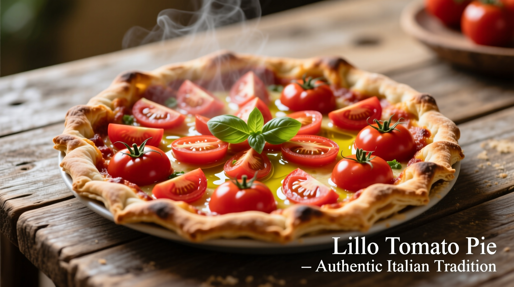 Traditional lillo tomato pie with rustic crust and vibrant red tomatoes